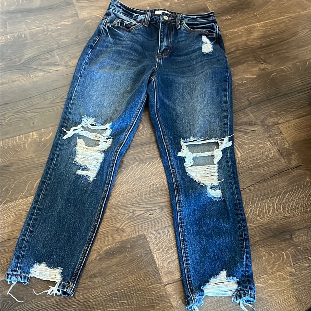 VERVET BY FLYING MONKEY Blue Straight Leg Jeans with Distressed Details